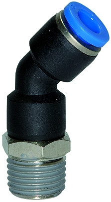 Winkelsteckverschraub. 45° "Blaue Serie" R 1/4 AG - Schlauch 8 mm AD/ Kunststoff
