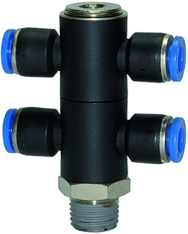 T-Steckverschraubung 4-fach, "Blaue Serie" , R 1/4" aussen -Schlauch 4 x8mm AD