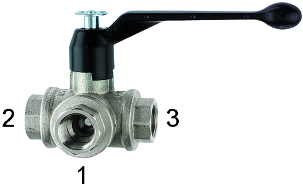 3-Wege-Kugelhahn / RP 1 / L-Bohrung DN 25 / Ms. vernickelt -