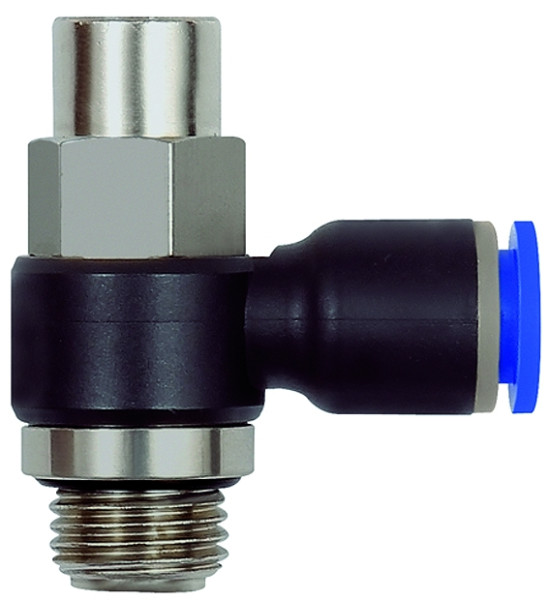 Drosselrückschlagventil "Blaue Serie" G 1/4 / aussen, , Schlauch 13mm l.W.,drehbar / Abluftdrosselu