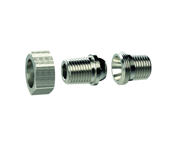 Lösb. Doppelgew.nippel, kon. dichtend R 1/4 a., R 1/4 a. MS vern.