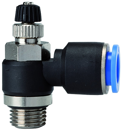 Drosselrückschlagventil, drehbar >>Blaue Serie<< M5 a. Schlauch 4 mm AD, max. 10 bar