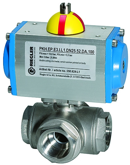 "3-Wege Edelstahl-Kugelhahn G 1 1/2"" pneum. Drehantrieb do