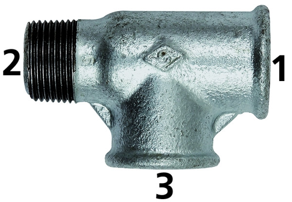 T-Stück 134, IG/IG/AG, Rp/Rp/R 1 1/4 " , Temperguss feuerverz.
