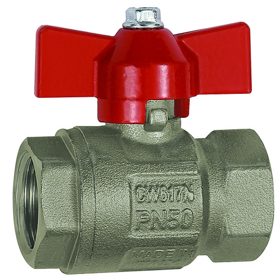 Kugelhahn G 1/2" innen , DN 15, PN 50, Messeing vernickelt/PTFE , Glügelgriff Al rot