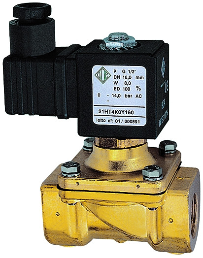 2/2 Wege Magnetventil G 1/2". 0-14bar, DN 16, 24VDC, Messing, NBR/PA , NC, zwangsgesteuer