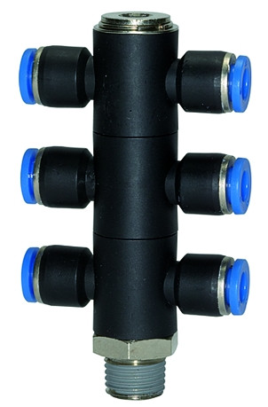 T-Steckverschraubung 6-fach "Blaue Serie" R 1/4" aussen - Schlauch 8 mm AD,max. 15 bar, Kunststoff