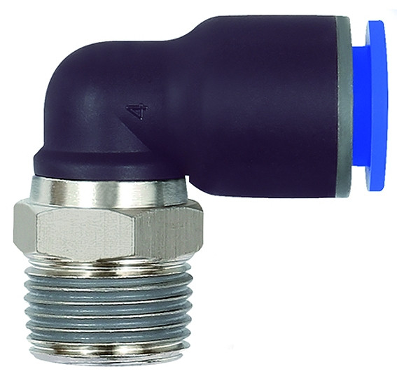 Winkeleinschraub-Steckverschraubung , Blaue Serie, R 1/4!" aussen / Kunststoff / drehbar 360° Sch