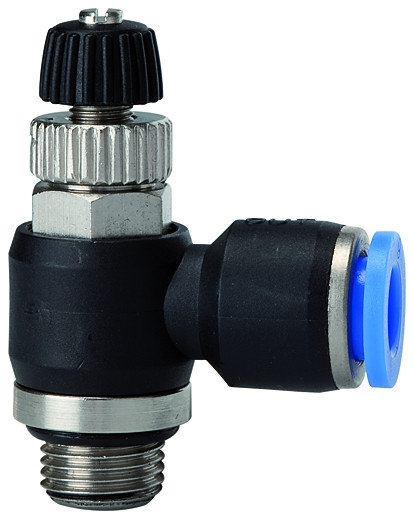 Drosselrückschlagventil, drehbar >>Blaue Serie<< M 5 aussen, Schlauch 4 mm AD