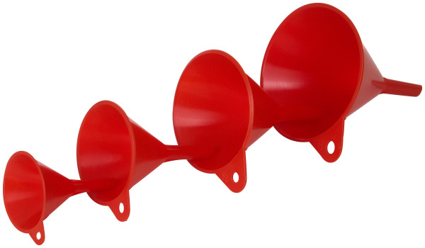 Trichter - Set 4- teilig , aus HDPE rot, je 1 Stck. Durchmesser: 60 , 80 , 100 , 120 mm