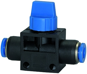 Absperrventil "Blaue Serie" , Schlauch 10 mm AD , max. 10 bar, Kunststoff steckbar ;Länge: 64mm