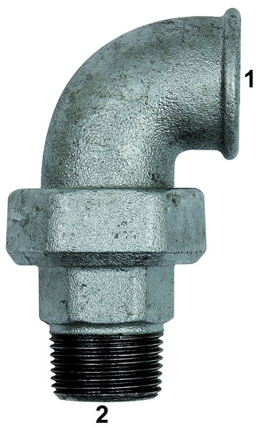 Winkelverschraubung Bogen , R2 1/2"innen/aussen, konisch dichtend, Temperguss verzinkt